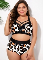 ROTITA Plus Size Cross Strap Leopard Print Bikini Set