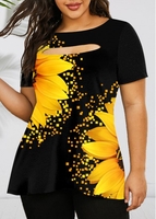ROTITA Plus Size Cutout Front Sunflower Print T Shirt
