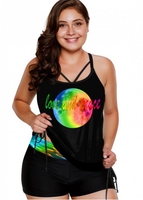 ROTITA Plus Size Earth Print Rainbow Color Tankini Set