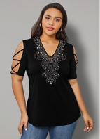 ROTITA Plus Size Embellished Neck Cold Shoulder T Shirt