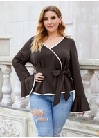 ROTITA Plus Size Flare Sleeve Contrast Piping Blouse