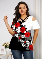 ROTITA Plus Size Floral Print Cold Shoulder T Shirt