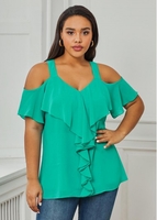 ROTITA Plus Size Flounce Mint Green Cold Shoulder T Shirt