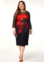 ROTITA Plus Size Flower Print Dot Mesh Panel Sheath Dress