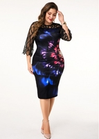 ROTITA Plus Size Flower Print Lace Panel Sheath Dress