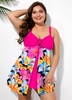 ROTITA Plus Size Front Slit Floral Print Swimwear Top