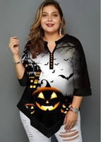 ROTITA Plus Size Halloween Print Asymmetric Hem Blouse