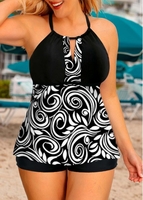 ROTITA Plus Size Keyhole Neckline Cross Strap Printed Tankini Set