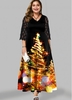 ROTITA Plus Size Lace Panel Christmas Tree Print Dress