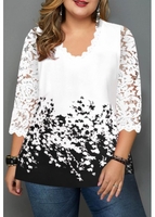 ROTITA Plus Size Lace Panel Floral Print T Shirt