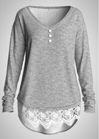 ROTITA Plus Size Lace Panel Long Sleeve Tunic Top