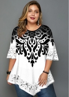 ROTITA Plus Size Lace Panel Printed Asymmetric Hem T Shirt