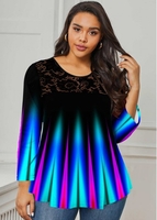 ROTITA Plus Size Lace Stitching Printed T Shirt