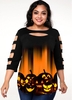 ROTITA Plus Size Ladder Cutout Halloween Print T Shirt