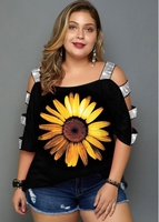 ROTITA Plus Size Ladder Cutout Sleeve Sunflower Print T Shirt