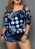 ROTITA Plus Size Ladder Sleeve Navy Blue Printed Blouse