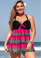 ROTITA Plus Size Layered Hem Leopard Print Swimdress Top