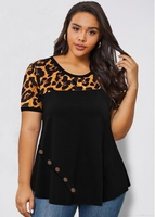 ROTITA Plus Size Leopard Cold Shoulder T Shirt