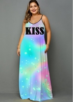 ROTITA Plus Size Letter Print Rainbow Color Maxi Dress
