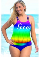 ROTITA Plus Size Letter Print Rainbow Color Tankini Set