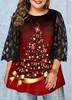 ROTITA Plus Size Mesh Panel Christmas Tree Print T Shirt