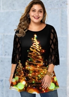 ROTITA Plus Size Mesh Panel Christmas Tree Print T Shirt