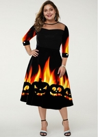 ROTITA Plus Size Mesh Panel Halloween Print Dress
