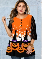 ROTITA Plus Size Mesh Panel Halloween Print T Shirt