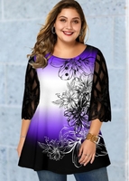 ROTITA Plus Size Mesh Panel Round Neck T Shirt