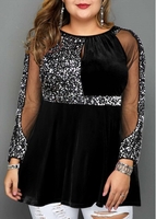 ROTITA Plus Size Mesh Panel Sequin Detail Velvet T Shirt