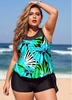 ROTITA Plus Size Mesh Panel Tropical Print Tankini Set