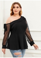ROTITA Plus Size One Shoulder Lace Stitching T Shirt