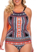 ROTITA Plus Size Open Back Printed Tankini Set