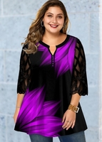 ROTITA Plus Size Printed Mesh Panel Blouse