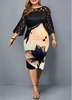 ROTITA Plus Size Printed Mesh Patchwork Black Dress