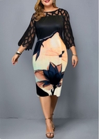 ROTITA Plus Size Printed Mesh Patchwork Black Dress