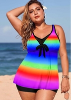 ROTITA Plus Size Printed Rainbow Color Bowknot Swimwear Top