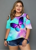ROTITA Plus Size Rainbow Butterfly Cold Shoulder T Shirt