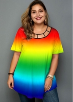 ROTITA Plus Size Rainbow Color Cutout Neck T Shirt