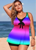 ROTITA Plus Size Rainbow Color Printed Bowknot Swimwear Top