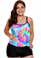 ROTITA Plus Size Rainbow Color Tie Dye Print Tankini Set