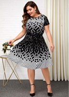 ROTITA Plus Size Round Neck Polka Dot Print Dress