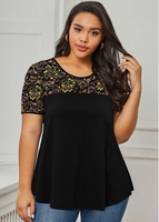 ROTITA Plus Size Sequin Detail Lace Panel T Shirt