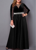 ROTITA Plus Size Sequin Detail Mesh Panel Velvet Dress