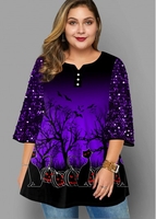 ROTITA Plus Size Sequin Halloween Print T Shirt