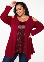 ROTITA Plus Size Sequin Panel Asymmetric Hem T Shirt