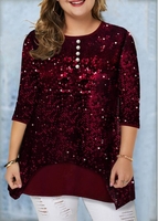 ROTITA Plus Size Sequin Panel Button Detail Tunic Top