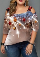 ROTITA Plus Size Sequin Panel Christmas Print T Shirt