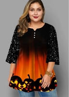 ROTITA Plus Size Sequin Sleeve Halloween Print T Shirt