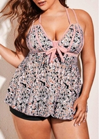 ROTITA Plus Size Spaghetti Strap Daisy Print Contrast Stitch Tankini Set